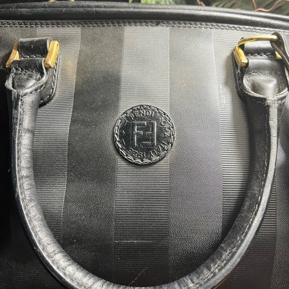 Fendi Black Striped Duffel Bag travel with strap. Convertible Boston bag